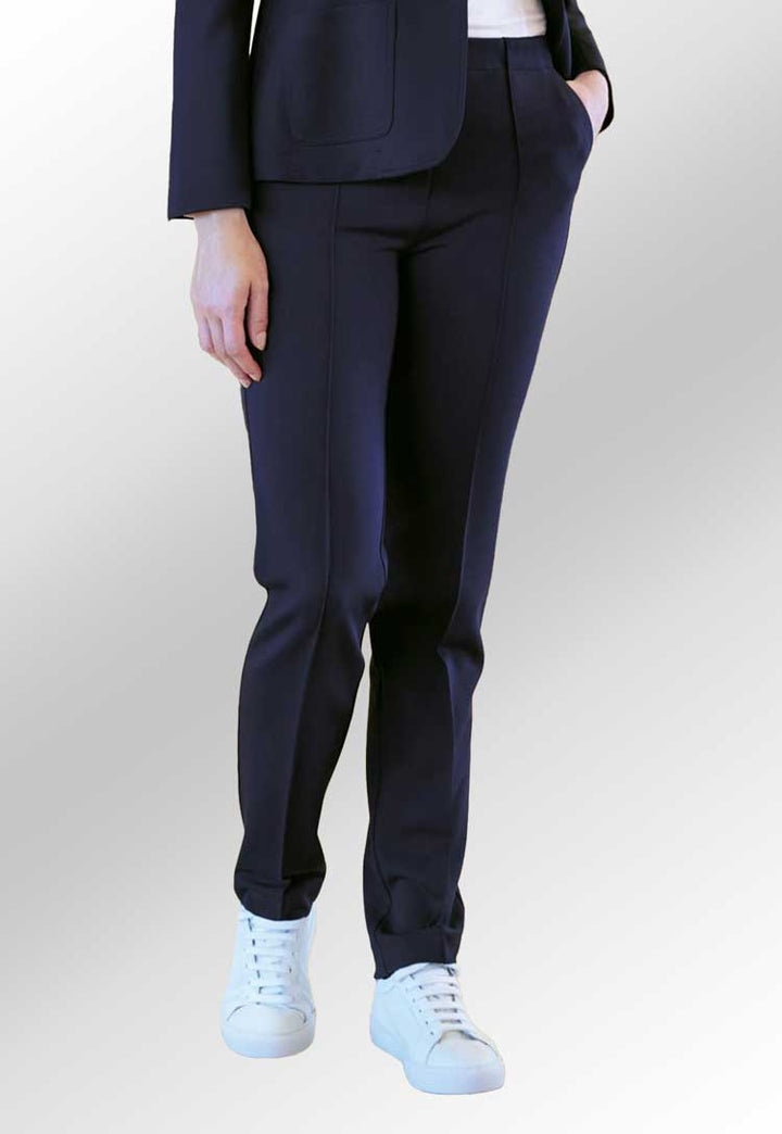 Model wearing Ceres Jersey Stretch Trouser 2400 in navy 1