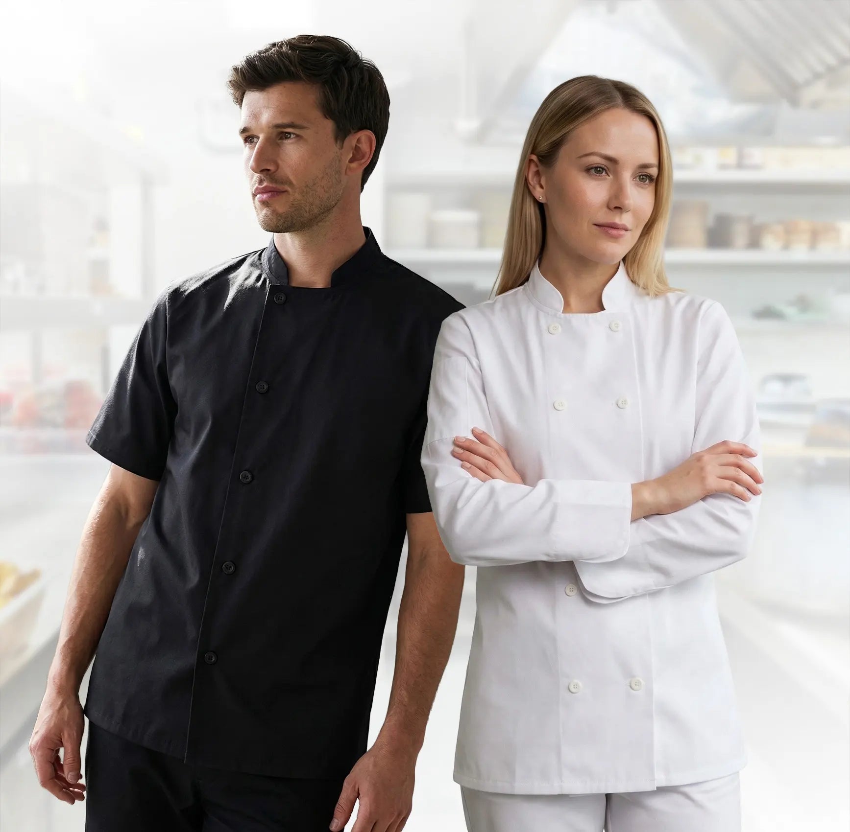 2 models wearing  black & white Chef jackets