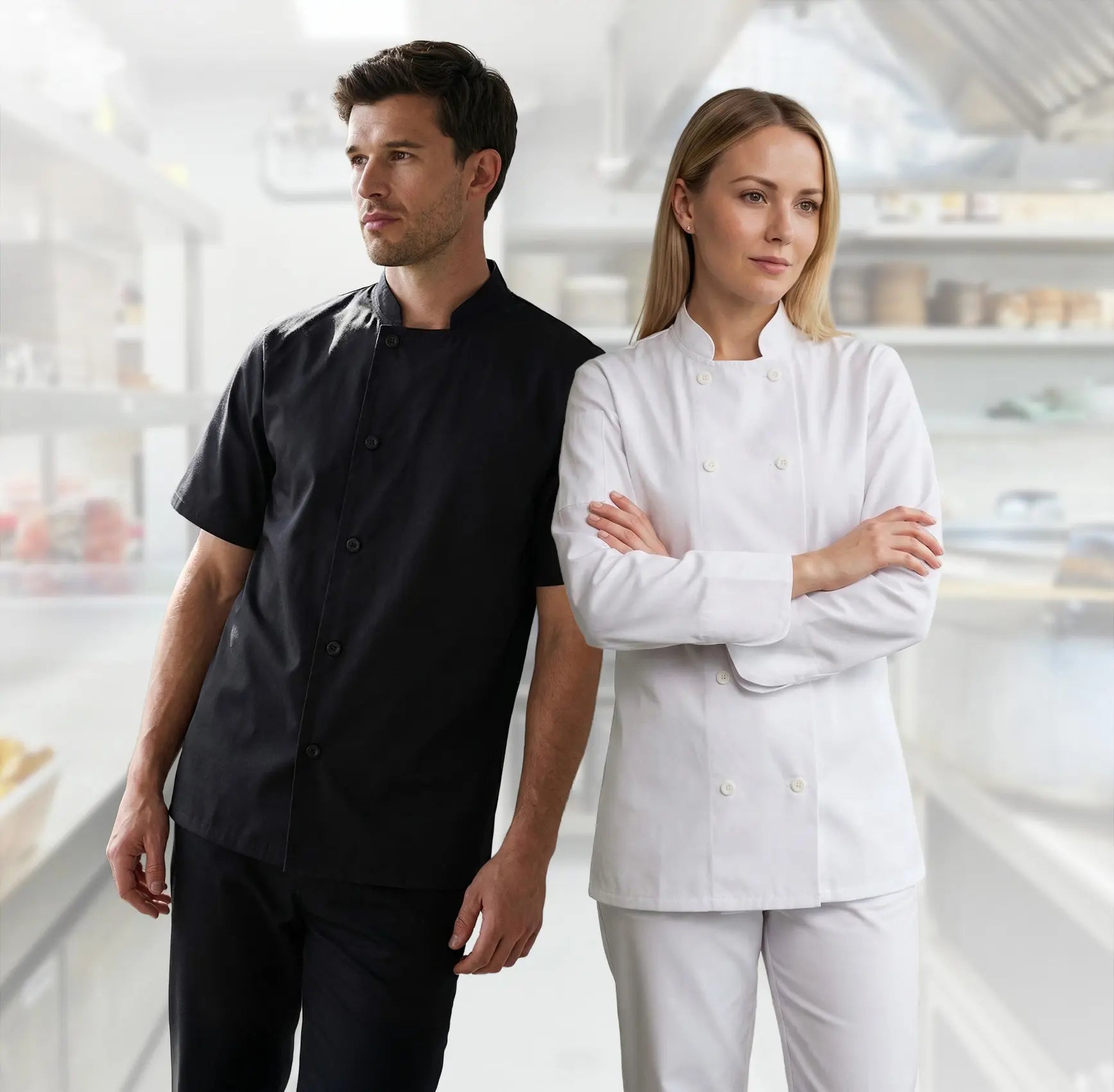 2 models wearing  black & white Chef jackets