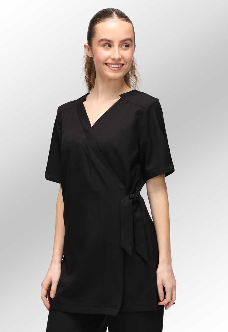 Model Wearing Clara Modern Wrap Tunic in Black