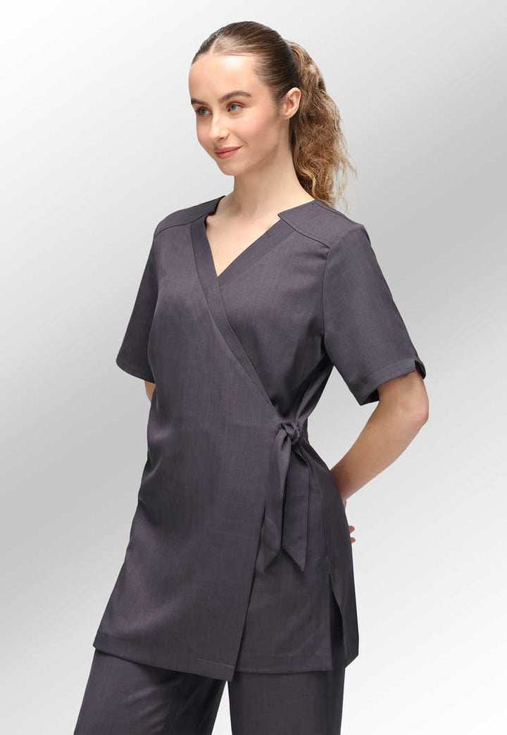 Model Wearing Clara Modern Wrap Tunic in Grey