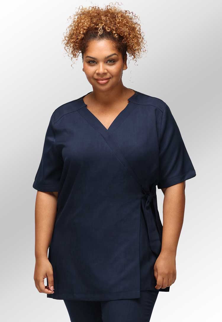 Model Wearing Clara Modern Wrap Tunic in Navy