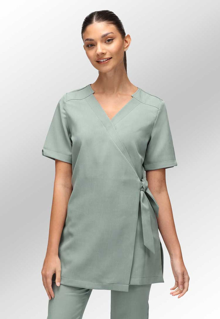 Model Wearing Clara Modern Wrap Tunic in Sage