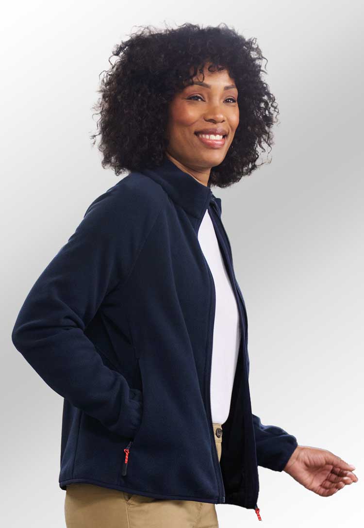 model wearing Clare Core Fleece Jacket in navy