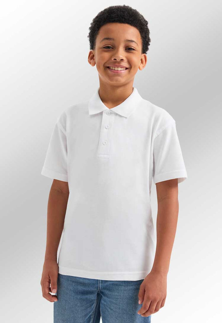 Model wearing School Uniform Polo Shirt in White