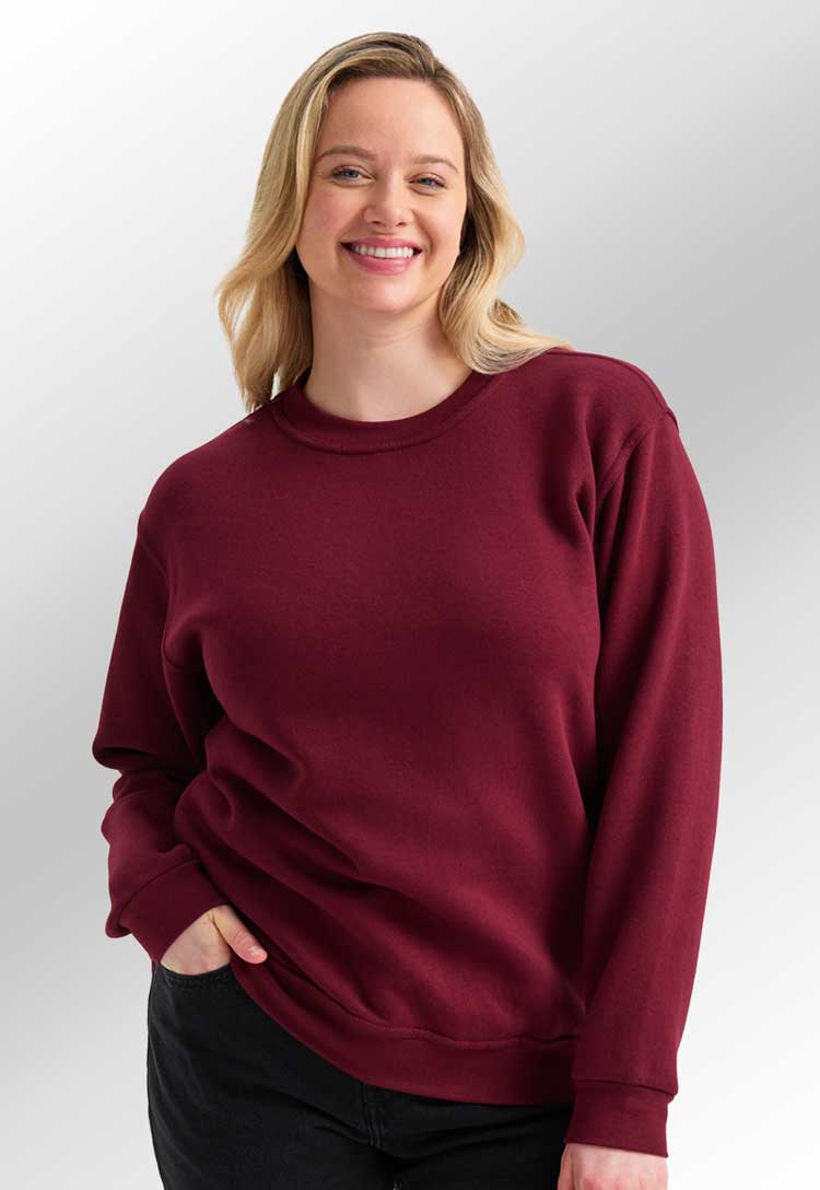 model wearing Classic Sweatshirt in maroon