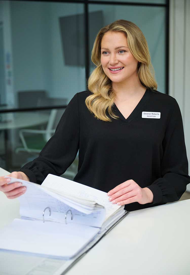 model wearing Como V-Neck Crepe de Chine Blouse black