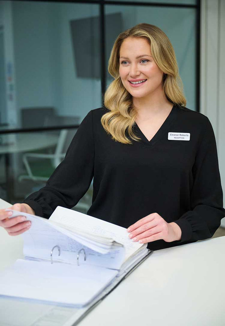 model wearing Como V-Neck Crepe de Chine Blouse black