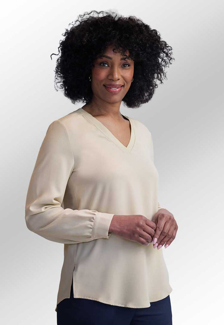 model wearing Como V-Neck Crepe de Chine Blouse putty