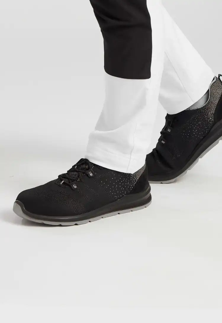 Model Wearing Compositelite Wire Lace Safety Trainer Knit S1P FT08 in Black/Grey