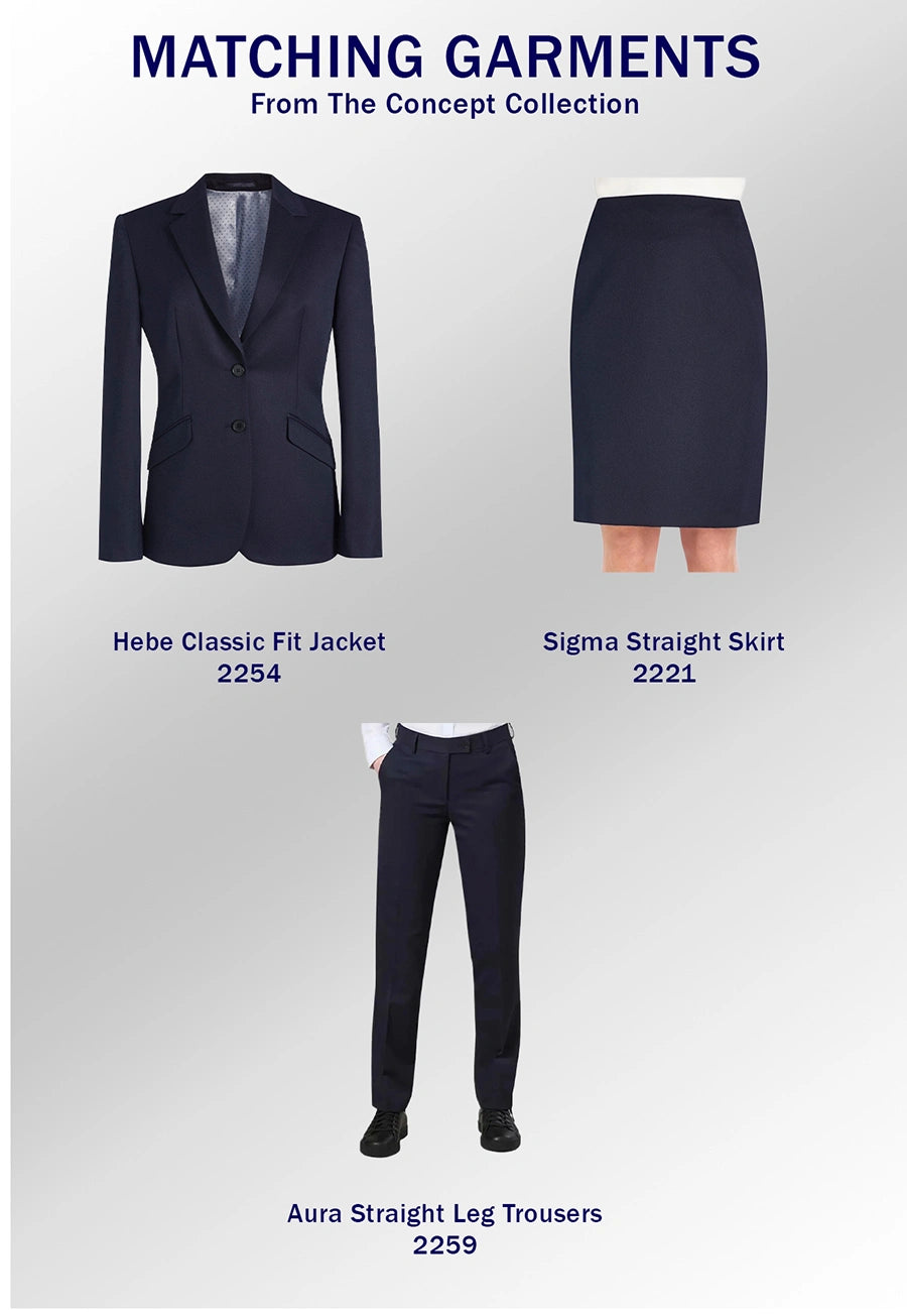 A matching three-piece women's outfit set from the Concept Collection, featuring a dark navy blazer, a matching pencil skirt, and straight-leg trousers, displayed on a neutral gradient background with text labels.