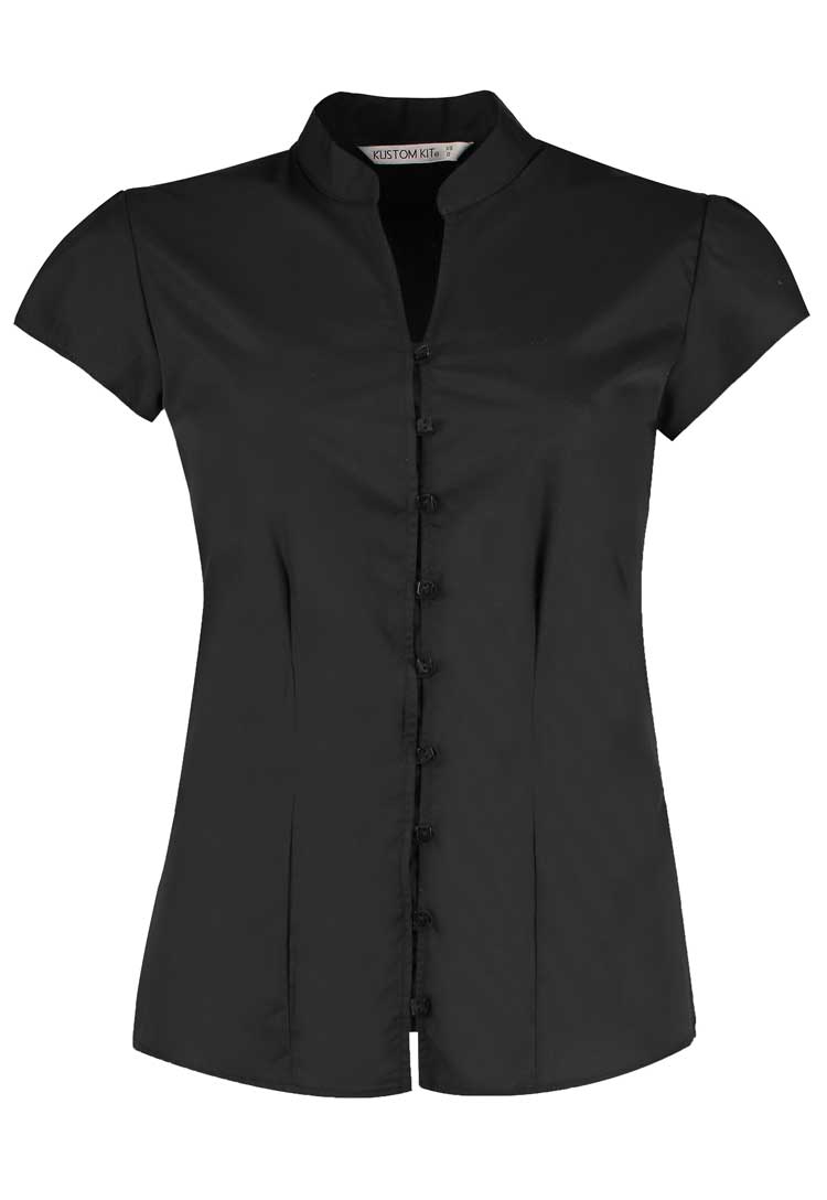 Women's Continental Blouse Mandarin Collar Cap Sleeve KK727 in Black