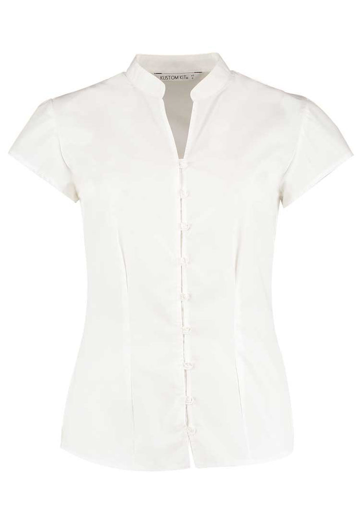 Women's Continental Blouse Mandarin Collar Cap Sleeve KK727 in White