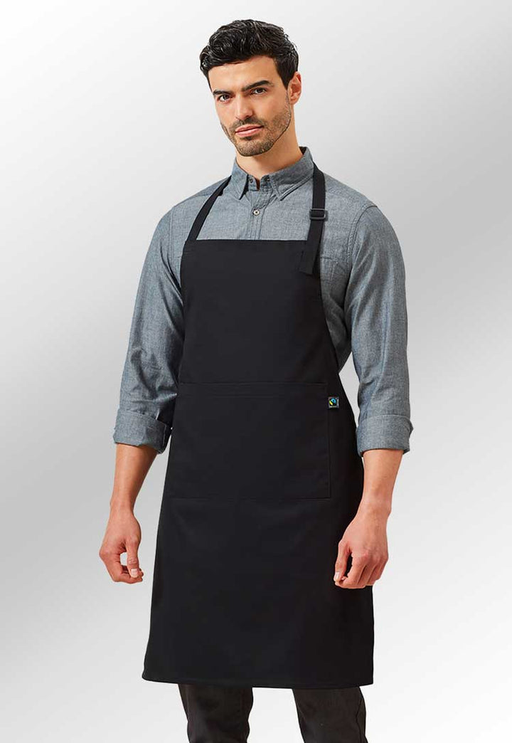 Model Wearing Cotton Bib Apron Organic and Fairtrade PR112 in Black