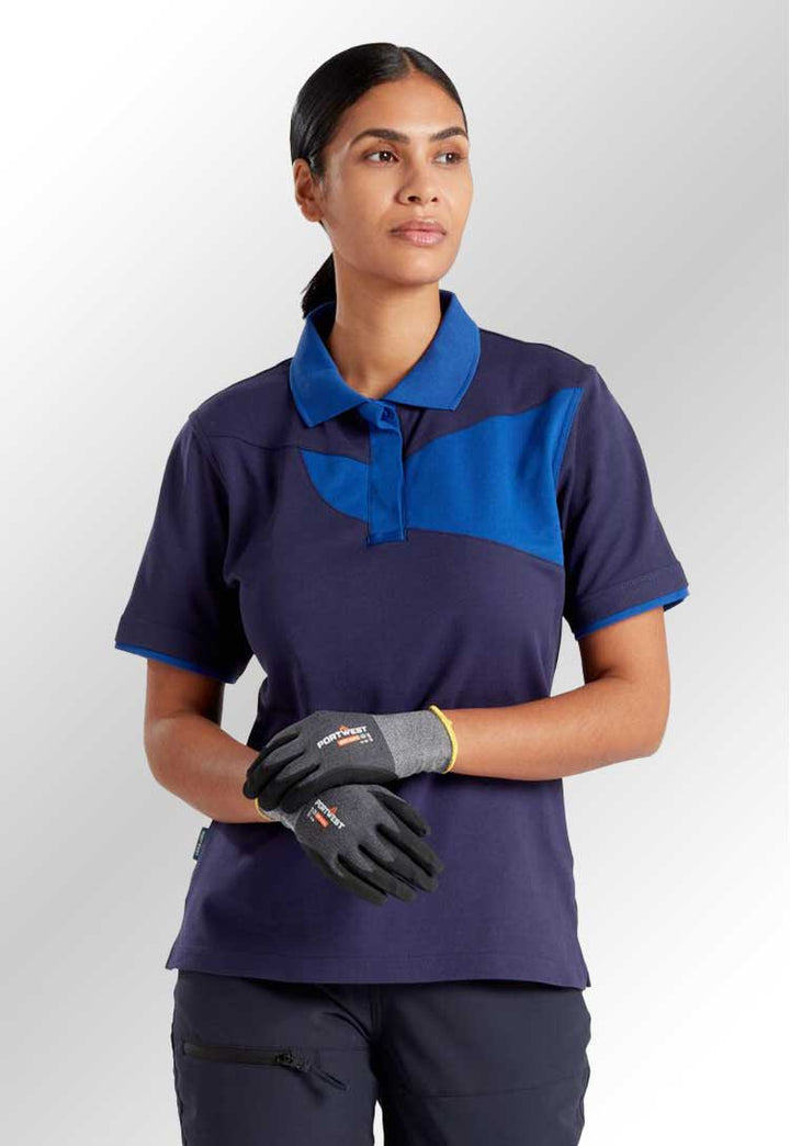 Model Wearing PW2 Cotton Comfort Women's Polo Shirt S/S PW219 in Navy/Royal Blue