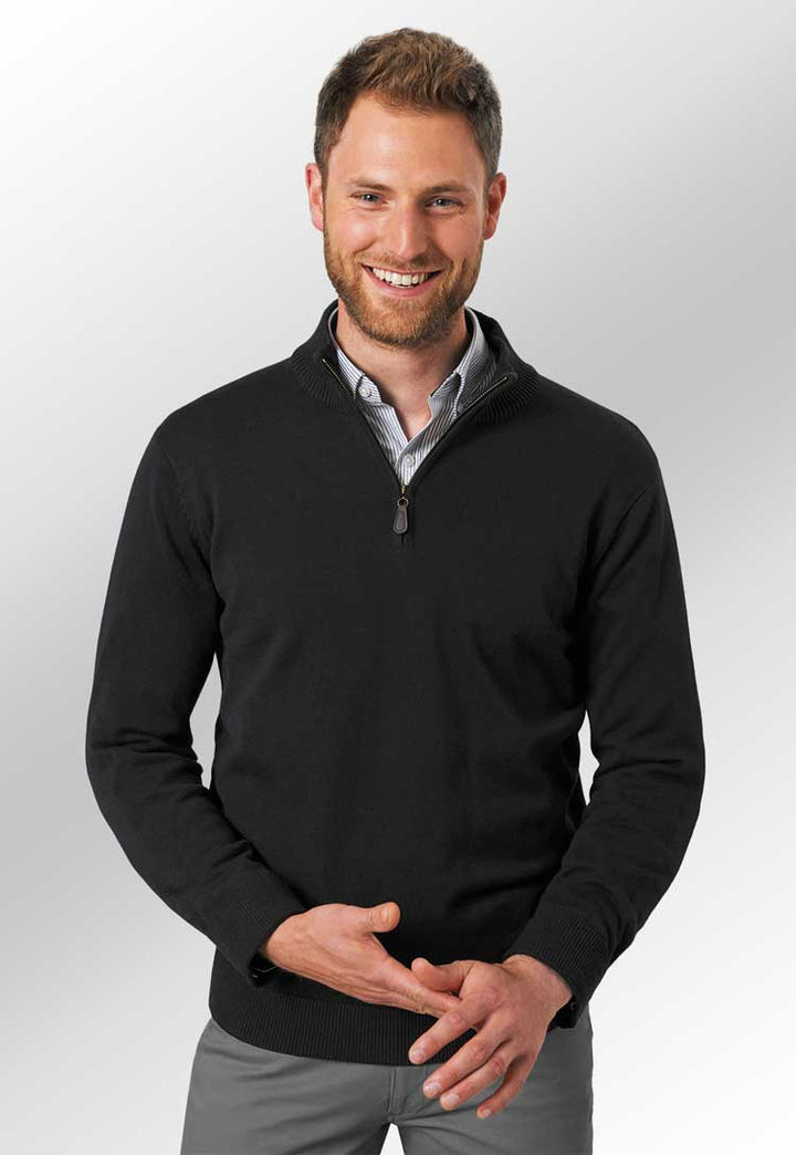 Model wearing Dallas 1/4 Zip Knitted Jumper 7898 in black