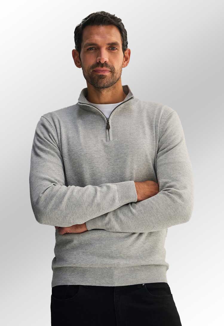 Model Wearing Dallas 1/4 Zip Knitted Jumper 7898 in Silver