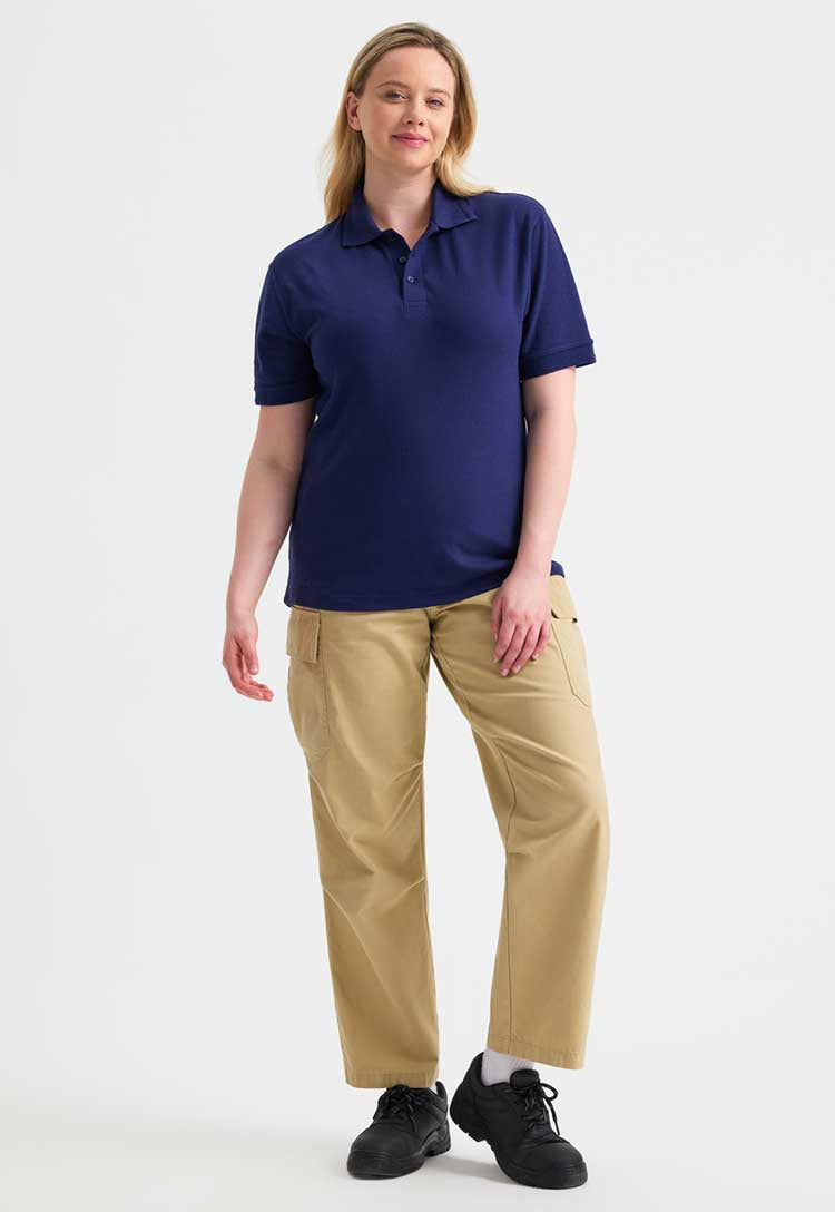 full length model wearing Deluxe Polo Shirt in navy