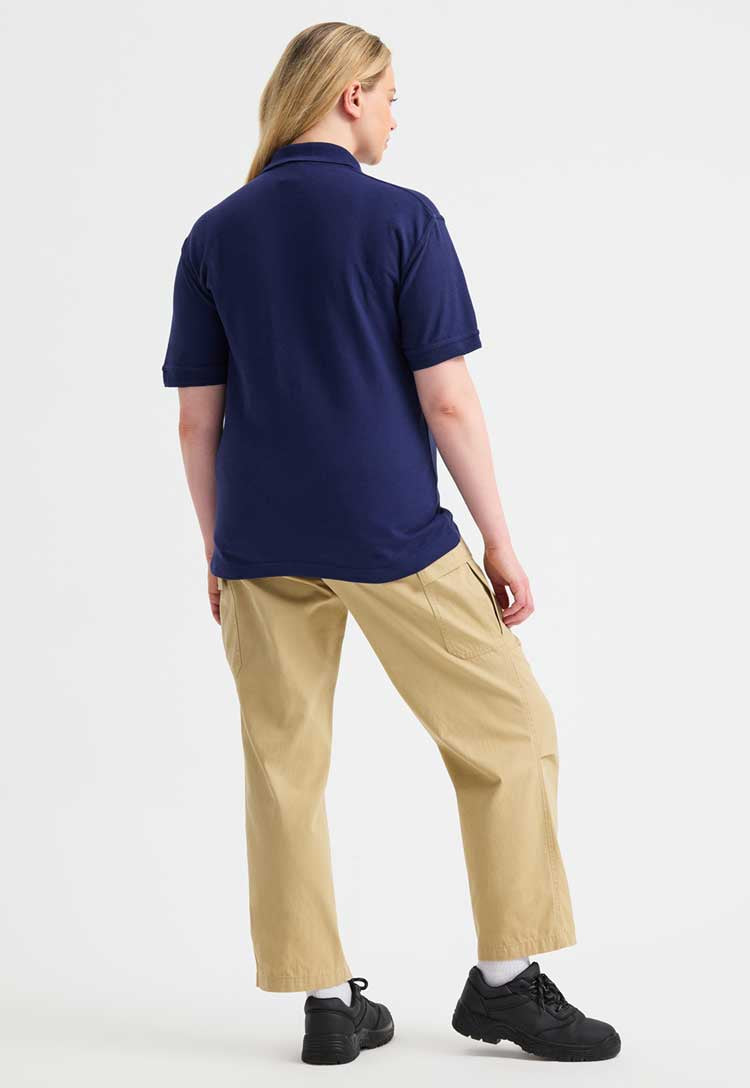 full length back view of model wearing Deluxe Polo Shirt in navy