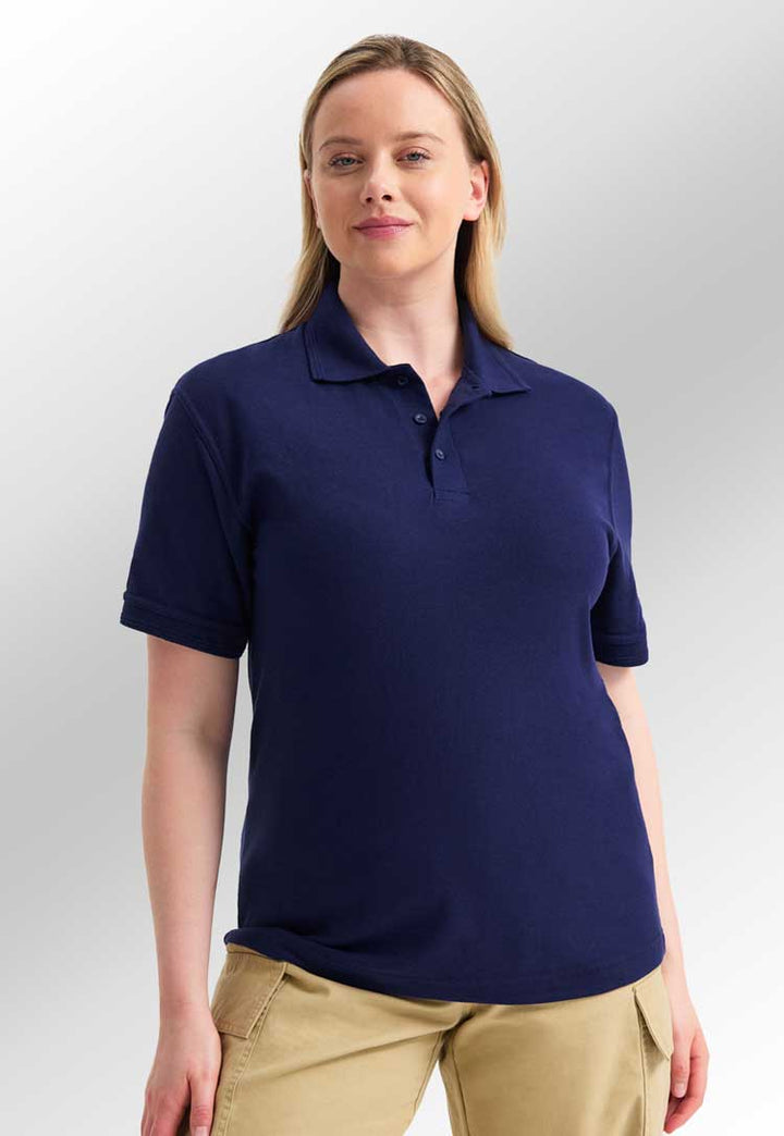 Model wearing Deluxe Polo Shirt in navy