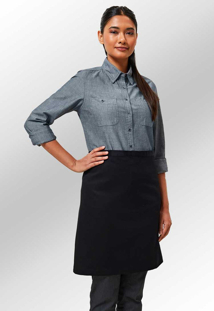 Model Wearing Cotton Waist Apron Organic Fairtrade Certified PR114 in Black