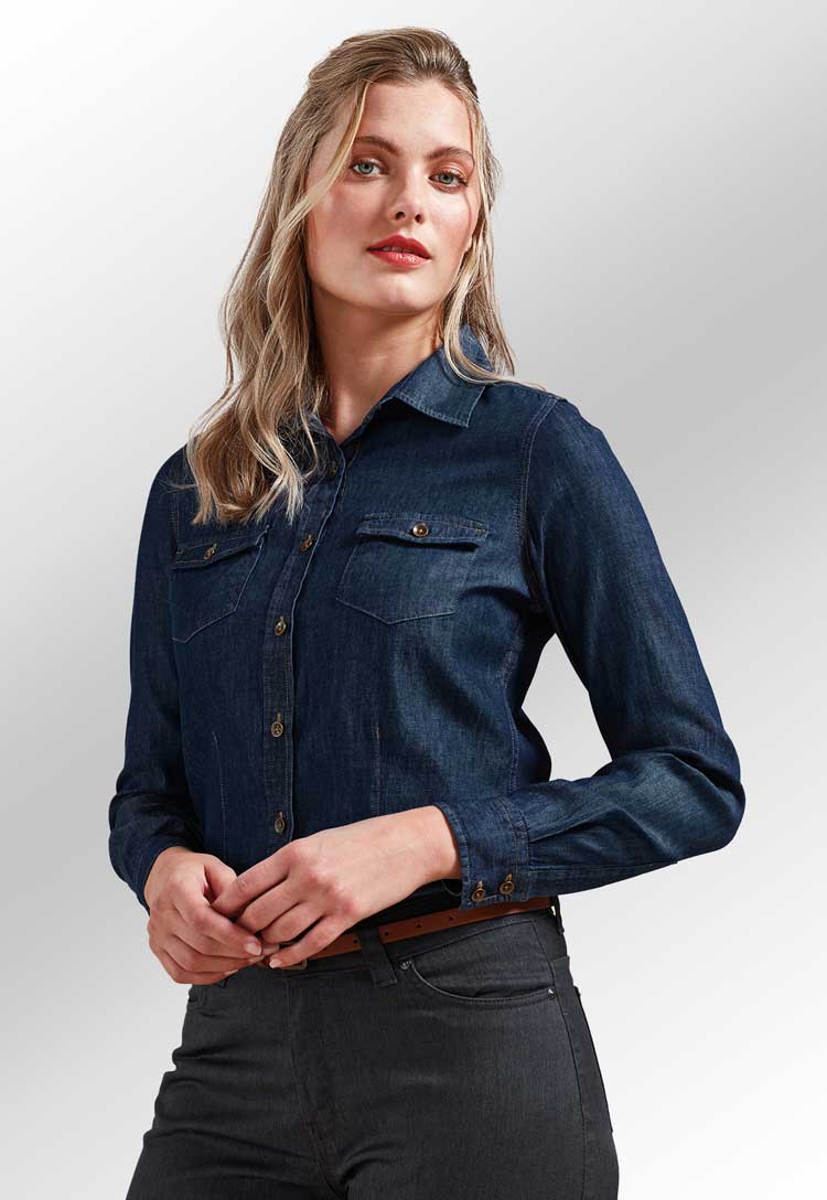 Model wearing Women's Jeans Stitch Denim Shirt PR322