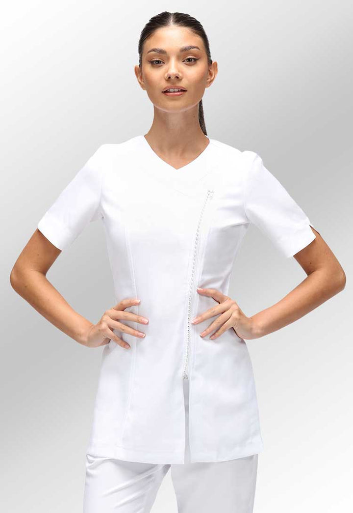 Model Wearing Diamante Zip Front Beauty Tunic in White