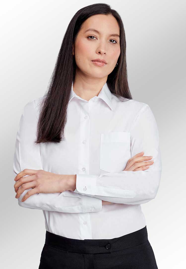 Model wearing Disley Ladies Classic Blouse in white