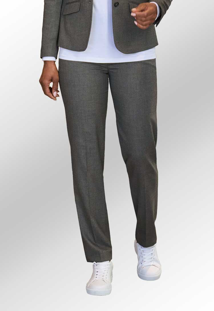 Model wearing Eleanor Slim Leg Trouser in grey melange