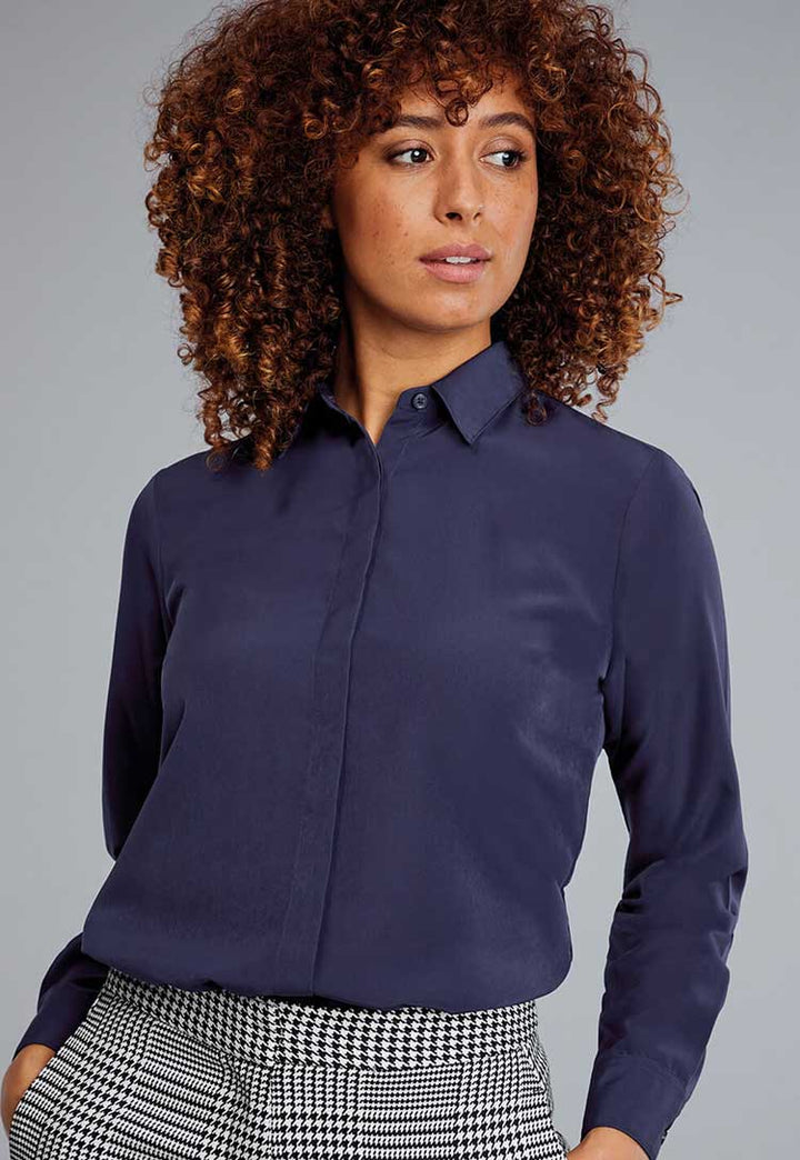 Model Wearing Erin Blouse Long Sleeve in Navy