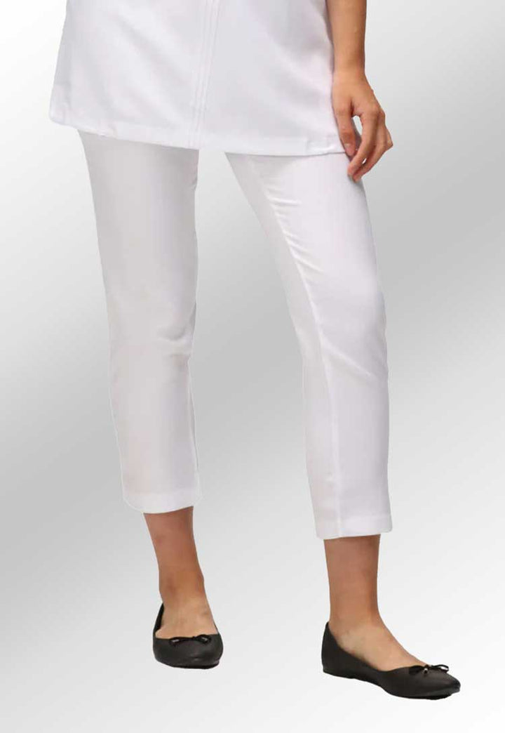 Model Wearing Etta Slim Leg Crop Salon Trouser in White