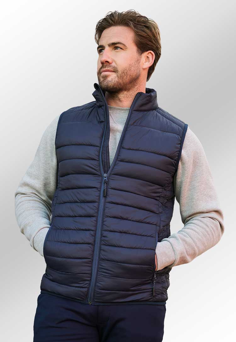 model wearing Eugene Padded Gilet in navy
