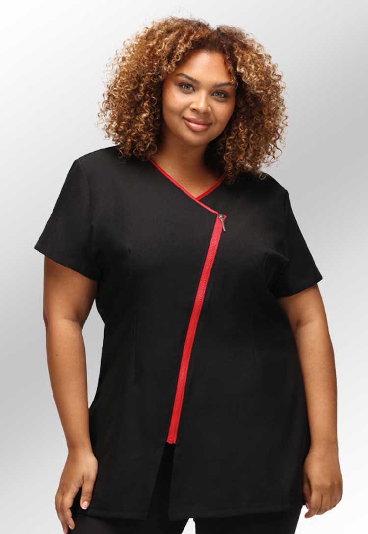 Model Wearing Eve Contrast Zip Tunic in Black/Red