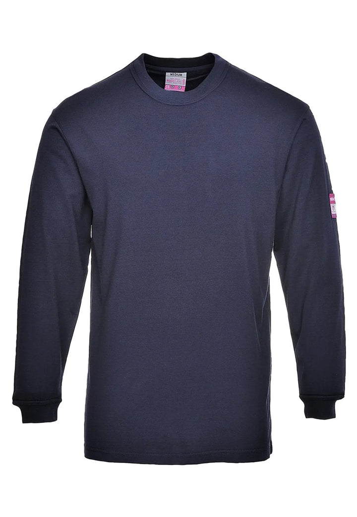 The Portwest Flame Resistant Anti-Static Long Sleeve T-Shirt FR11 in Navy.