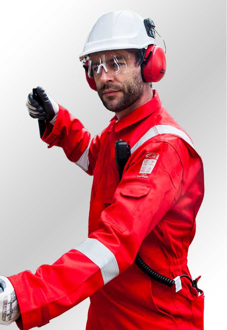 Model Wearing Flame Resistant Light Weight Anti-Static Coverall FR28 in Red