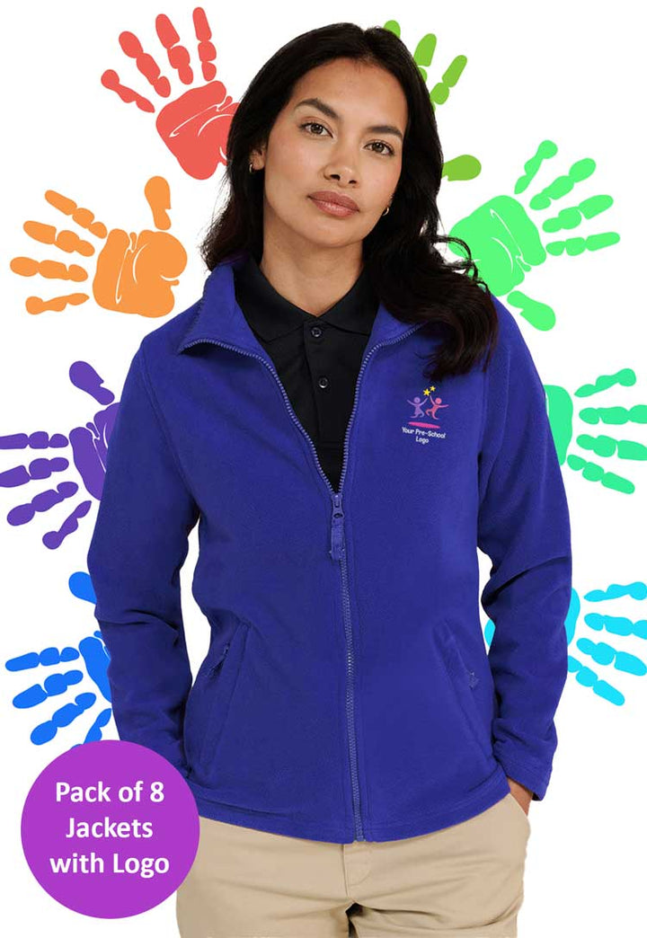 Model Wearing Branded Fleece for Nursery Staff in Blue