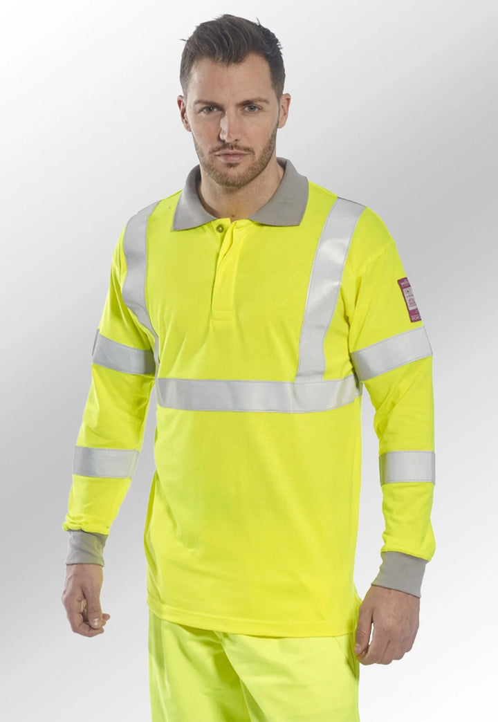 Flame Resistant Anti - Static Hi Vis Long Sleeve Polo Shirt - The Work Uniform Company