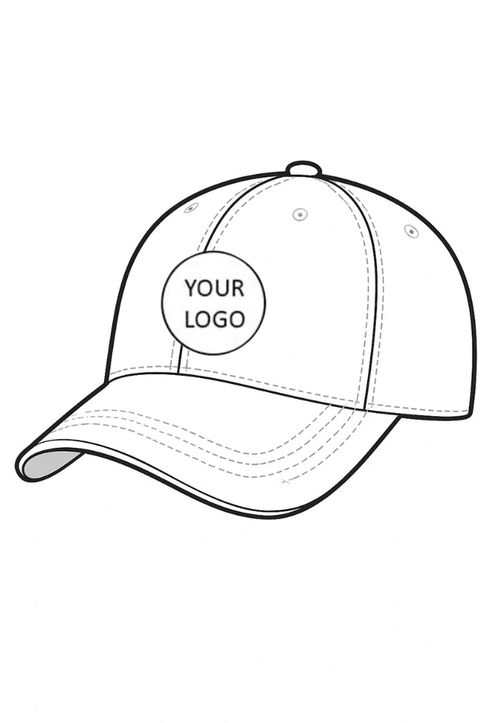 Outline of a baseball cap with a placeholder for a logo on a white background