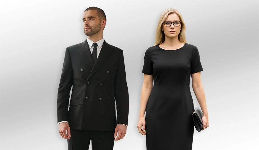 2 models wearing Funeral Clothing from The Work Uniform Company