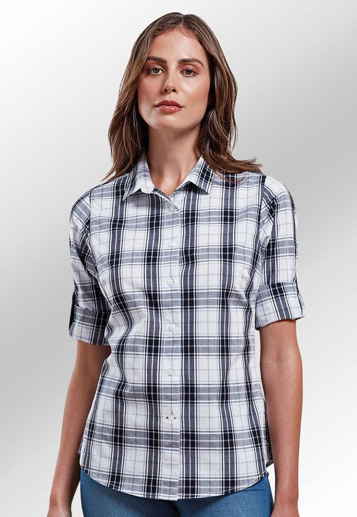 Model Wearing Women's Ginmill Check Cotton Long Sleeve Shirt PR354 in Black/White Check