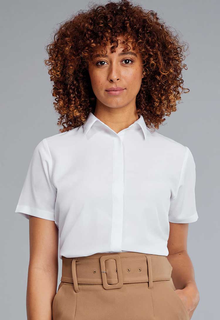 Model Wearing Short Sleeve Grace White Textured Blouse