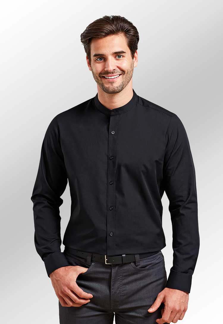 Model wearing Banded Collar Grandad Long Sleeve Shirt PR258