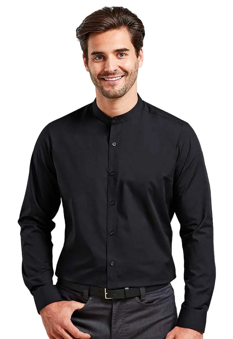 Model Wearing Banded Collar Grandad Long Sleeve Shirt PR258 in Black