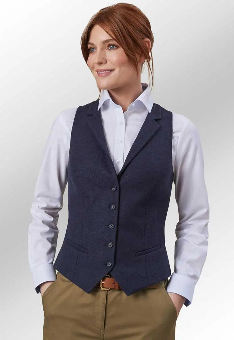 Model Wearing Greenville Ladies Waistcoat 2383 in Navy Herringbone