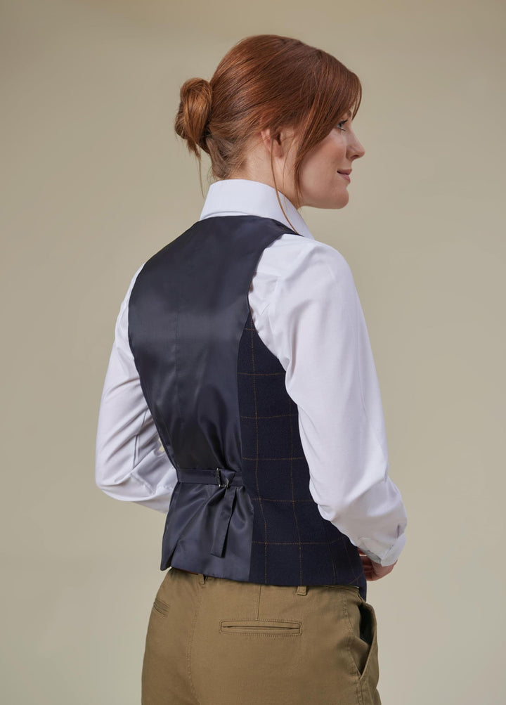 Back View of Model Wearing Greenville Ladies Waistcoat 2383 in Navy Check