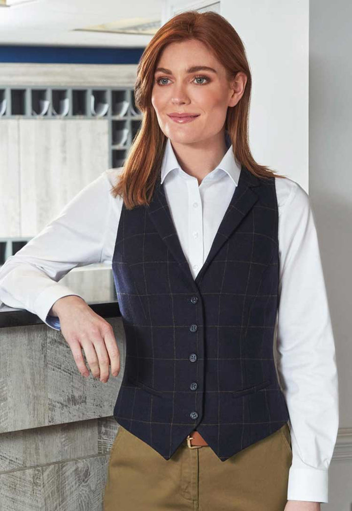 Model Wearing Greenville Ladies Waistcoat 2383 in Navy Check