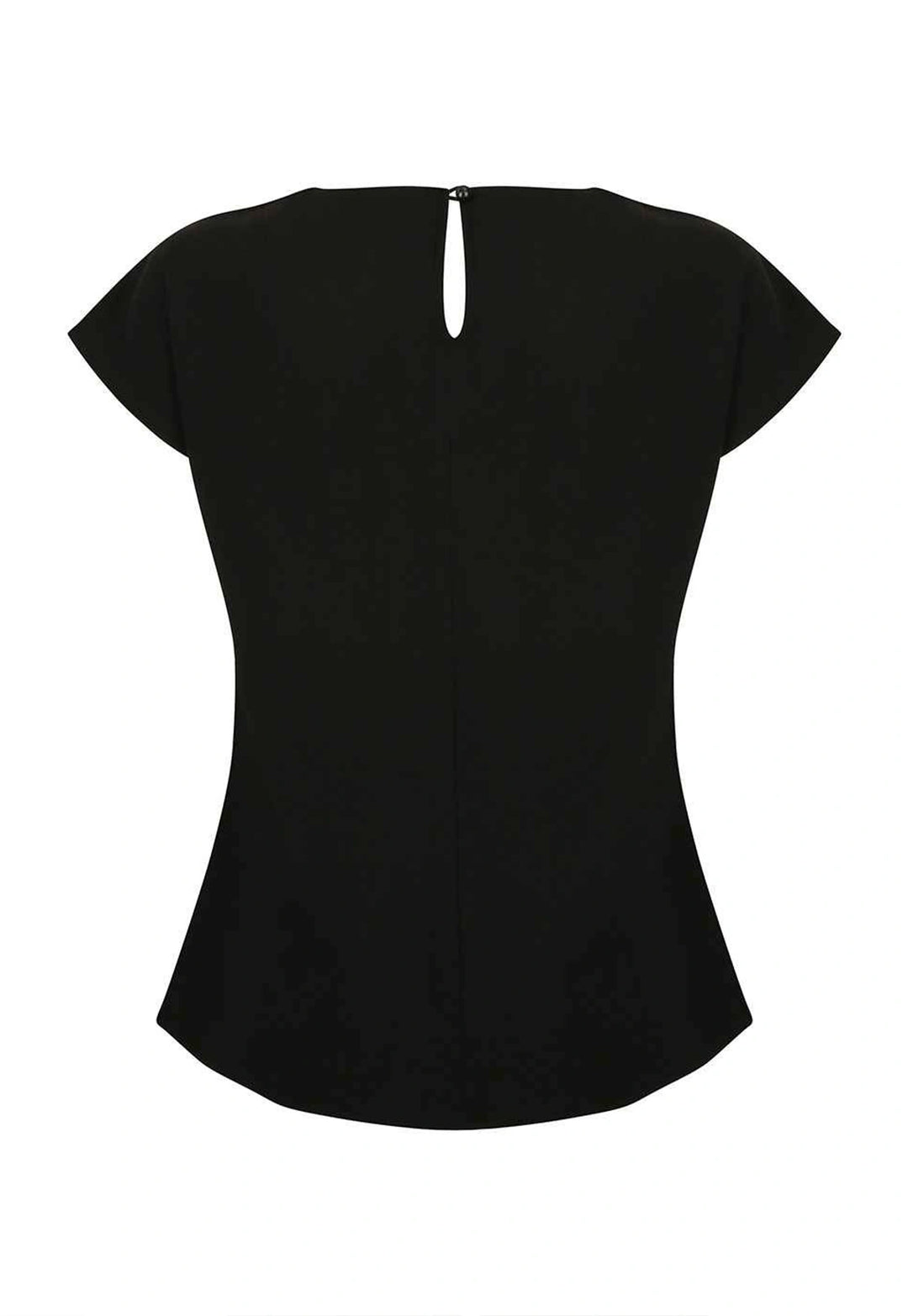 Rear view of the Women's Pleat Front Short Sleeve Blouse in Black.