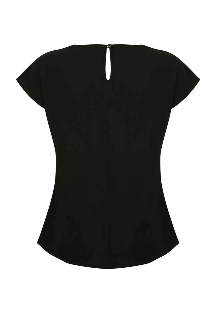 Rear view of the Women's Pleat Front Short Sleeve Blouse in Black.