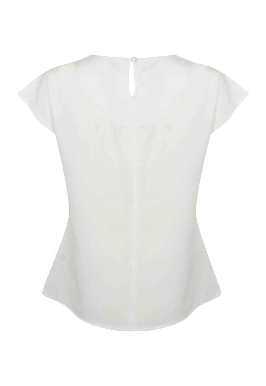 Rear view of the Women's Pleat Front Short Sleeve Blouse in White.