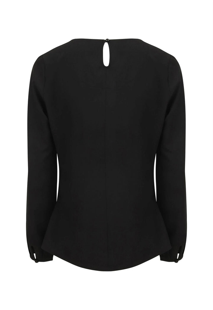 Rear view of the Henbury HB598 Women's Pleat Front Long Sleeve Blouse in Black.